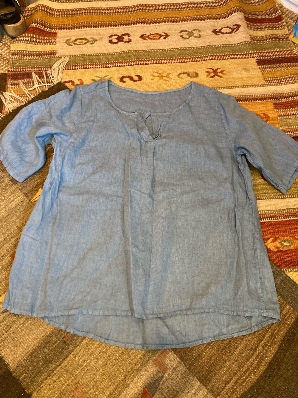 Made in Italy light Blue Linen V- Neck Top
